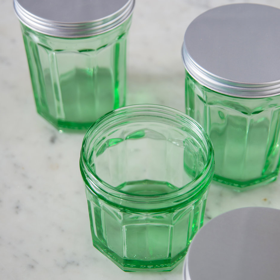 Pressed green glass storage jar with metal lid medium and large
