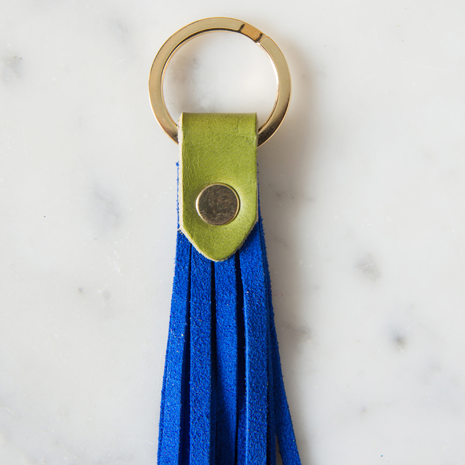 Suede and leather tassel key ring cobalt blue lime green