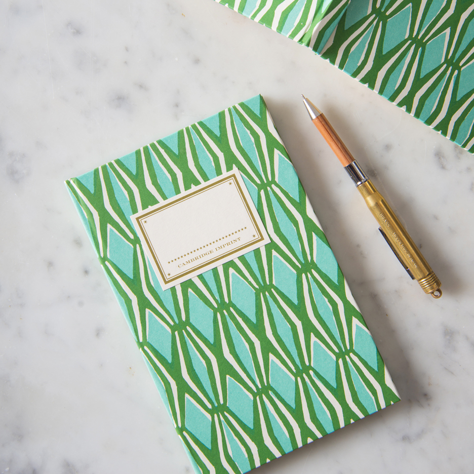 Geometric patterned hardback notebook emerald green and turquoise