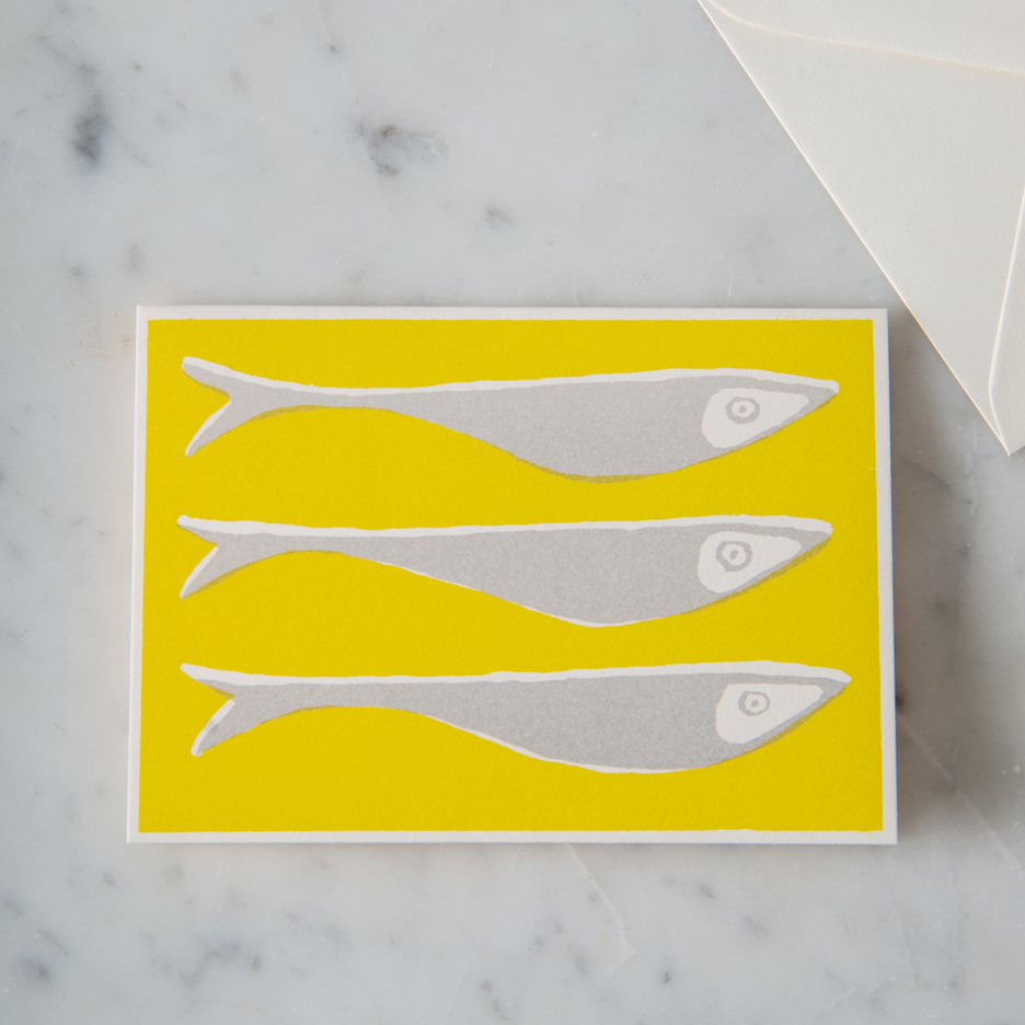 Fish notecards set of 10 acid yellow and grey