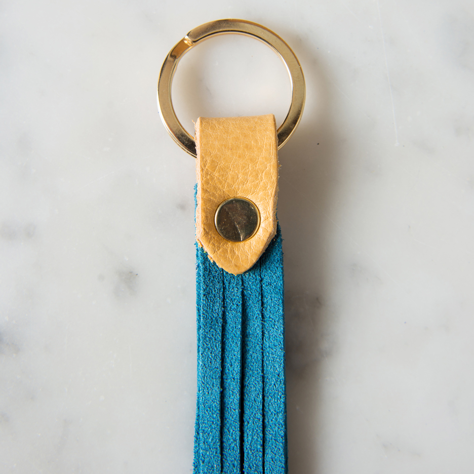 Suede and leather tassel key ring smokey teal mustard
