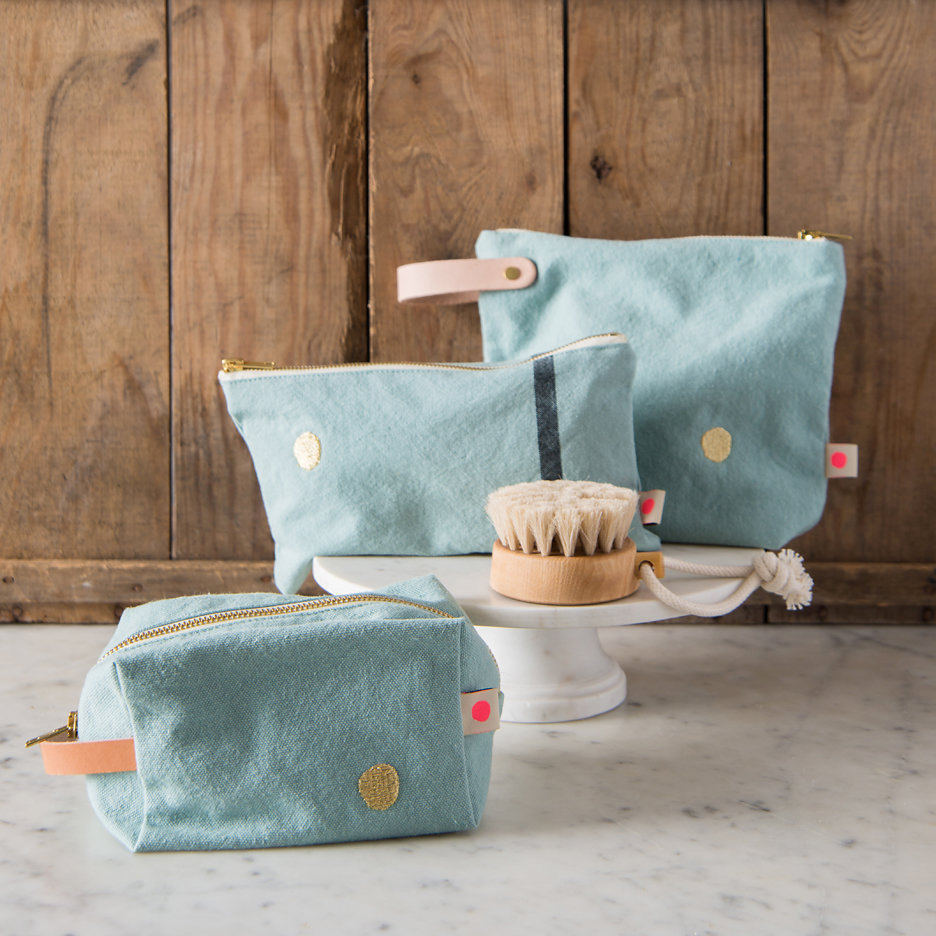 Duck egg with gold dot washbags, toiletry bags