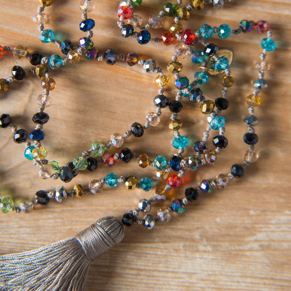 Tassel necklace taupe multicolour beads