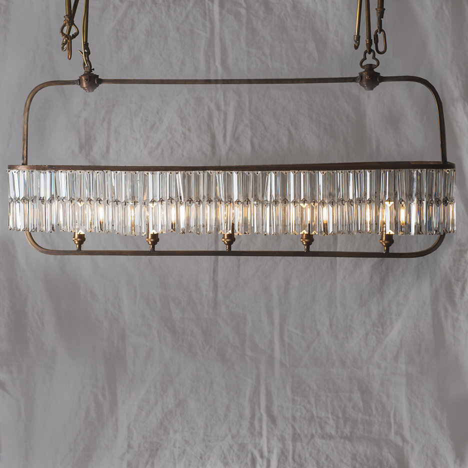 Large contemporary chandelier, antiqued brass and glass